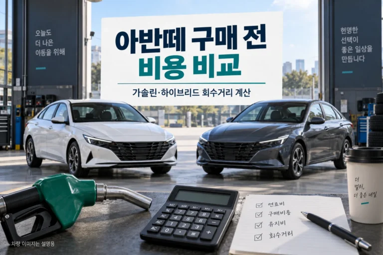 아반떼 구매 전 가솔린과 하이브리드의 비용 및 회수거리를 비교하는 설명용 이미지