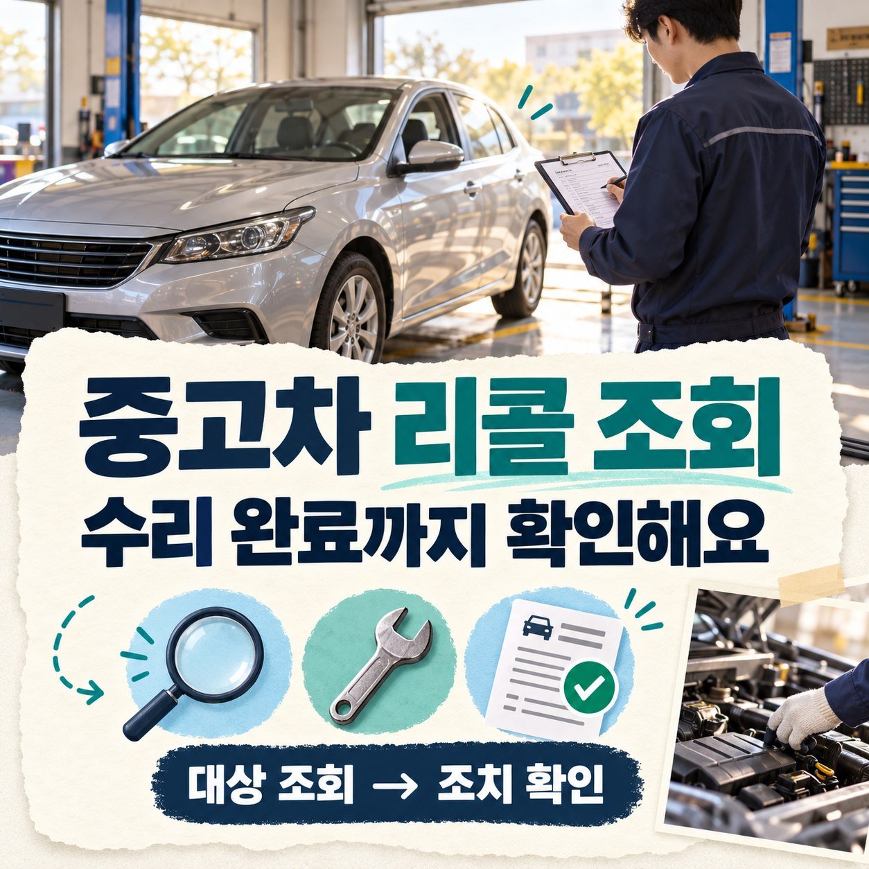 중고차 리콜 대상을 조회한 뒤 수리 조치 완료 여부를 확인하는 과정